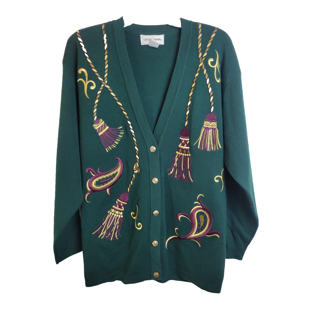 Casual Corner Green Embroidered Wool‎ Blend Cardigan Sweater Women's Size Large